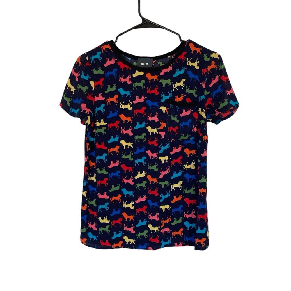Maeve Womens Blouse Top Size 0 Dark Print Lions Horses Dogs Whimsy Casual Preppy